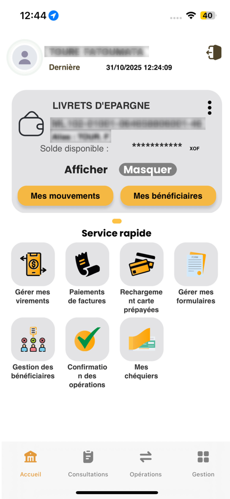 BMSKIBARU mobile banking app dashboard displaying savings account information and quick services menu
