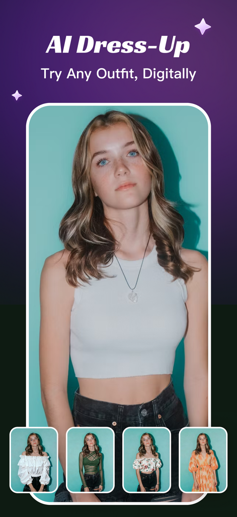 Una mujer joven mostrando varios atuendos digitales usando la función de prueba virtual SkyArt AI.