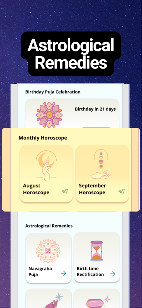 AstroVeda: Your Astrology Guru - AstroVeda mobile app interface showing sections for astrological remedies and monthly horoscope predictions