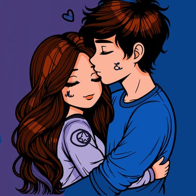 a realistic couple boy and girl hugging and kissing