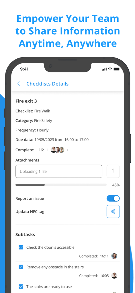 Alkimii app screen displaying a fire safety checklist with subtasks for deskless workers
