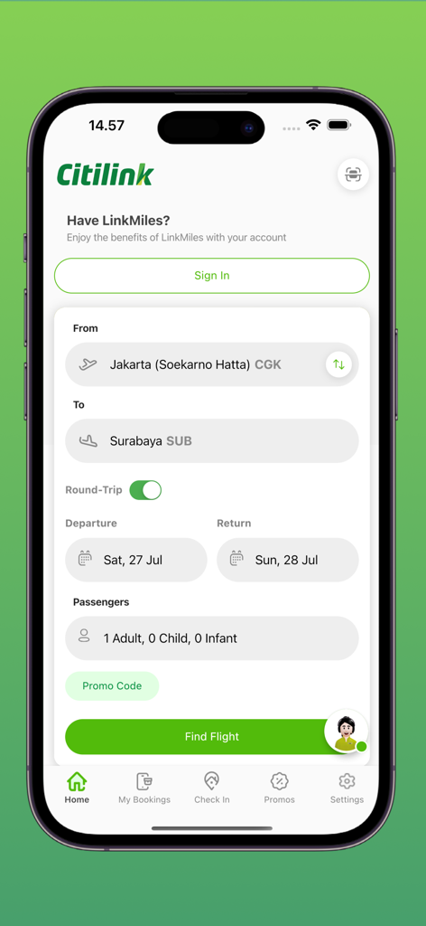 Pantalla de búsqueda de vuelos de la aplicación móvil Citilink que muestra detalles de reserva de Yakarta a Surabaya