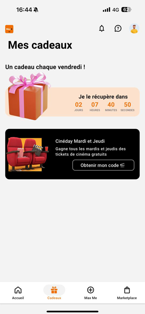 Max it – Maroc - Max it – L'application mobile Maroc offre un écran avec un compte à rebours de récompense hebdomadaire et une offre de billets de cinéma Cinéday.