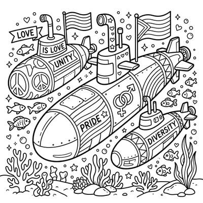 Celebrate Pride Month with a unique twist! This captivating coloring page features three friendly military submarines adorned with symbols of love, unity, and diversity, ready for your creative touch in an enchanting underwater world.