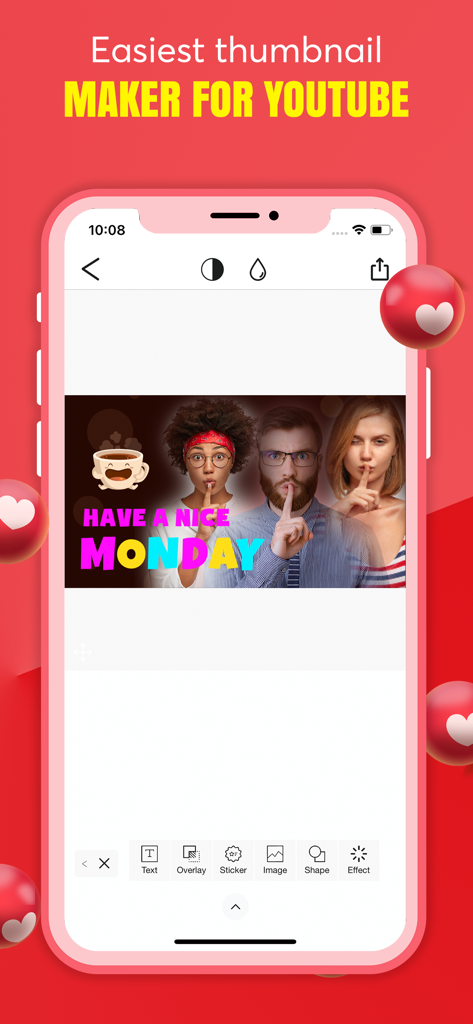 Thumbnail Maker Studio Editor - Interfaz de la aplicación Thumbnail Maker Studio Editor mostrando un diseño de miniatura de YouTube con stickers y texto.