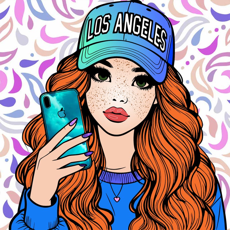 realistic beautiful girl wearing los ángeles cap holding an iphone