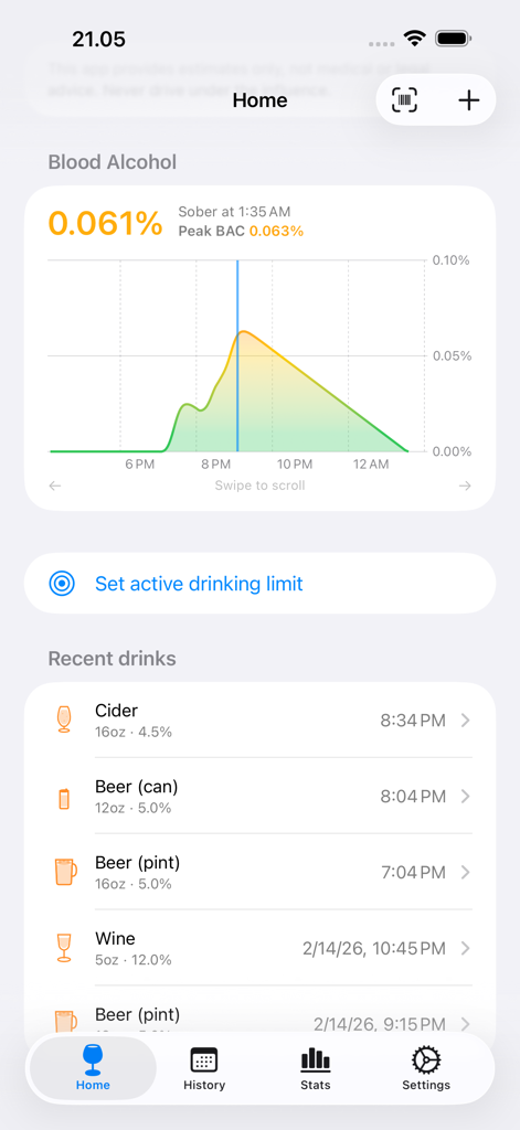 DrinkAware: Alcohol Tracker - The home screen of the DrinkAware app displaying a live blood alcohol content chart and a list of recently logged drinks.