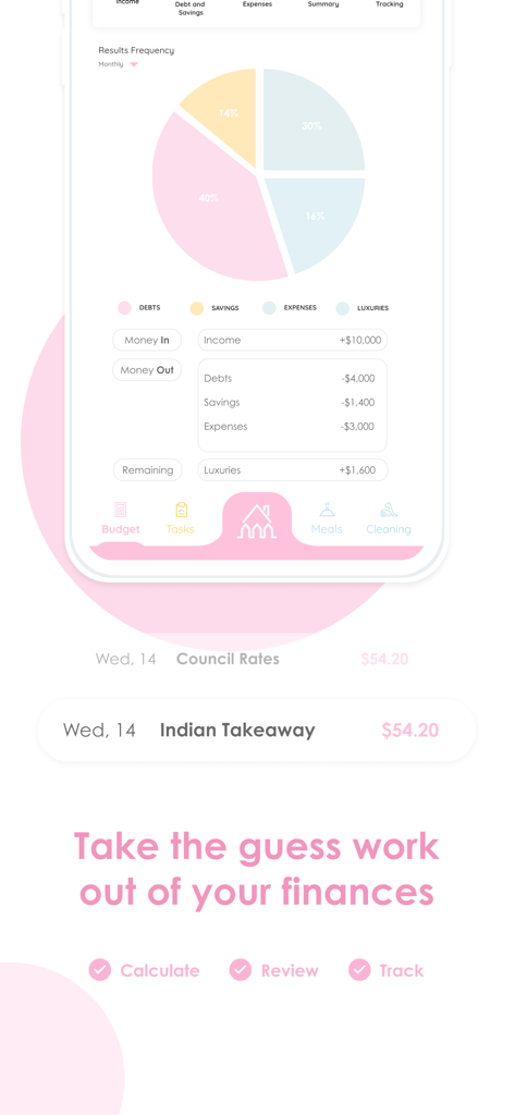 Picketアプリのスクリーンショット。負債、貯蓄、支出、贅沢品のセグメントを持つ家計予算の円グラフが表示されています。