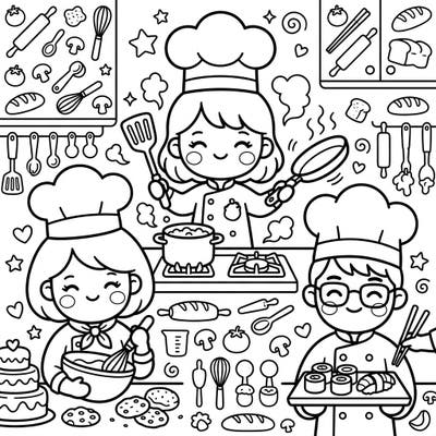 Embark on a delightful culinary adventure with this charming Kawaii Chef coloring page. Featuring three super-cute chefs busy in their kitchen, it's a feast for the eyes and perfect for all aspiring artists.