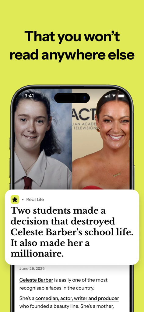 A smartphone screen showing an exclusive real life article on the Mamamia app