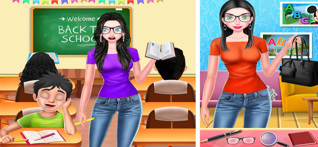 Crazy Mad Teacher Science Game - A teacher in a classroom with a sleeping student and a character selection screen with a handbag