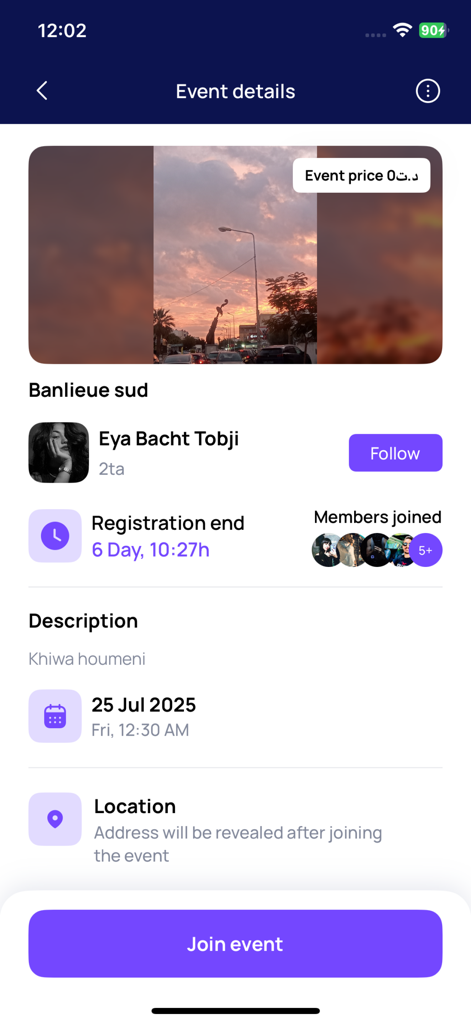 Declic - Mobile app screen showing event details for a social gathering with a join button and host information