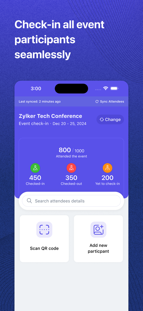 Zoho Backstage for Organizers - Zoho Backstage for Organizers app screen showing real-time event check-in statistics and QR code scanning options