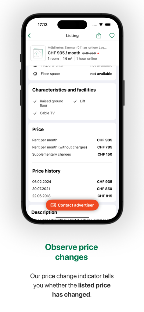 Ein mobiler Bildschirm der Comparis App, der ein Immobilienangebot mit seiner Preisentwicklung und seinen Merkmalen anzeigt.