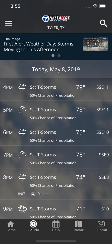 Hourly weather forecast for Tyler Texas showing scattered thunderstorms in the KLTV First Alert Weather app.