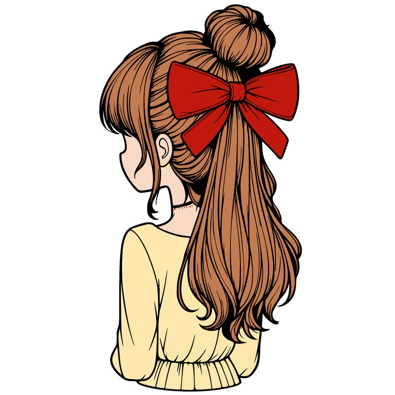 realistic girl  with hip length hair a bun and a big bow on the back of head