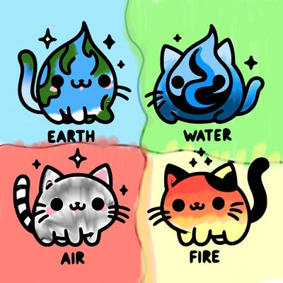 4 cats that represent the different elements, earth, water, air, and fire