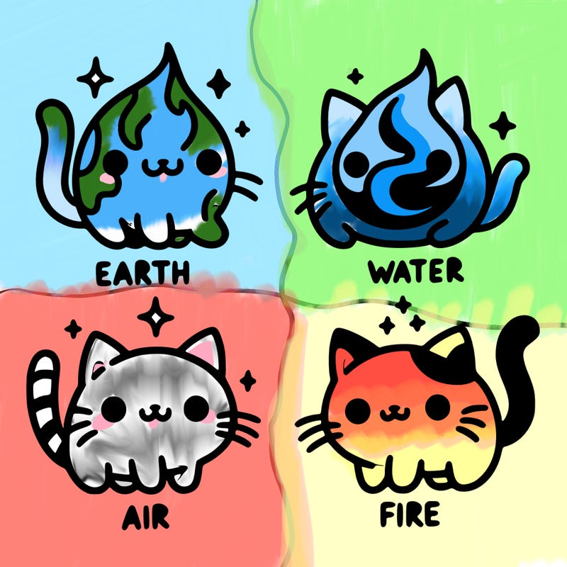 4 cats that represent the different elements, earth, water, air, and fire