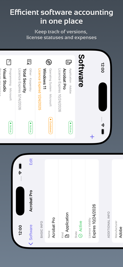 A mobile interface displaying a list of software licenses with their current status and expiration dates