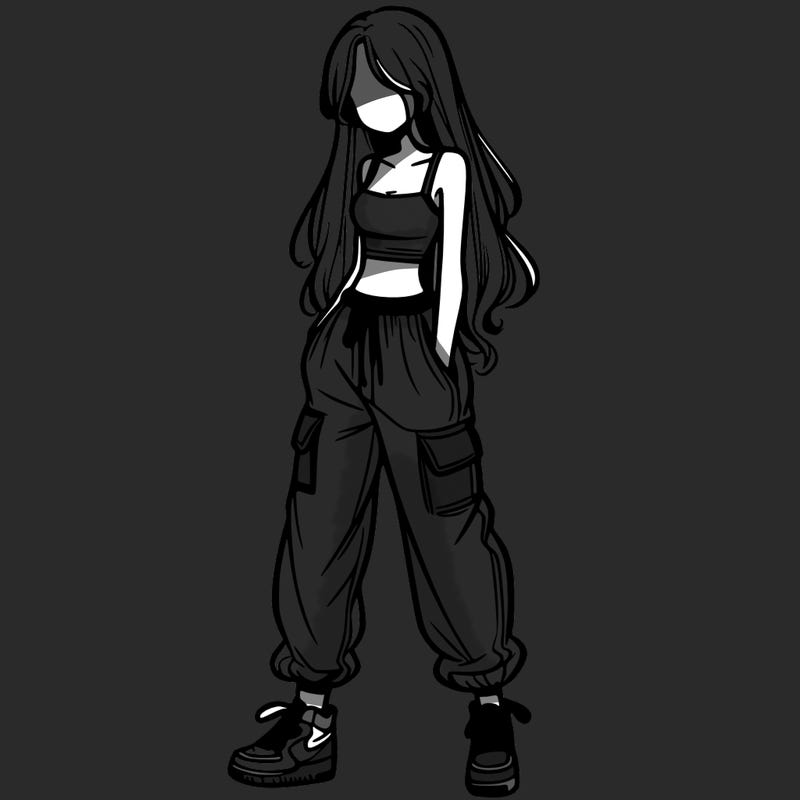 girl in baggy pants crop top and long hair