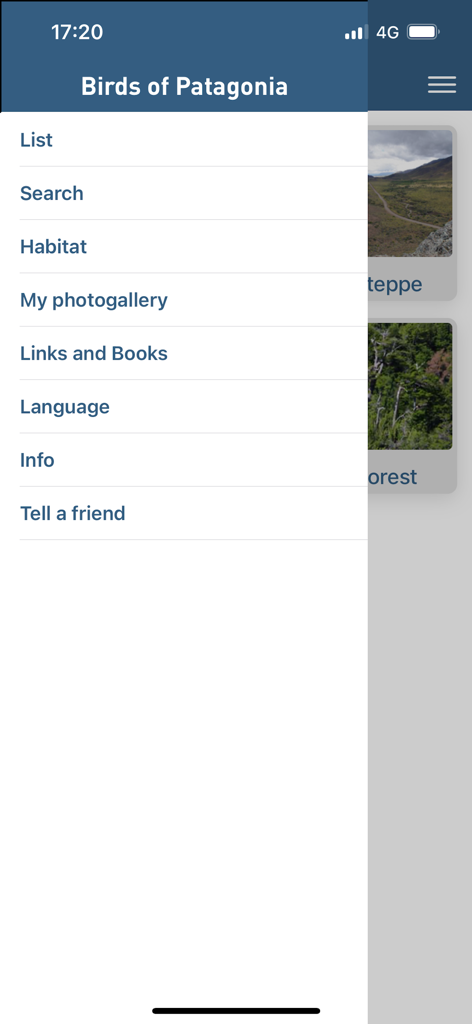 Birds of Patagonia - Main navigation menu of the Birds of Patagonia mobile app with options for species list search and habitat info