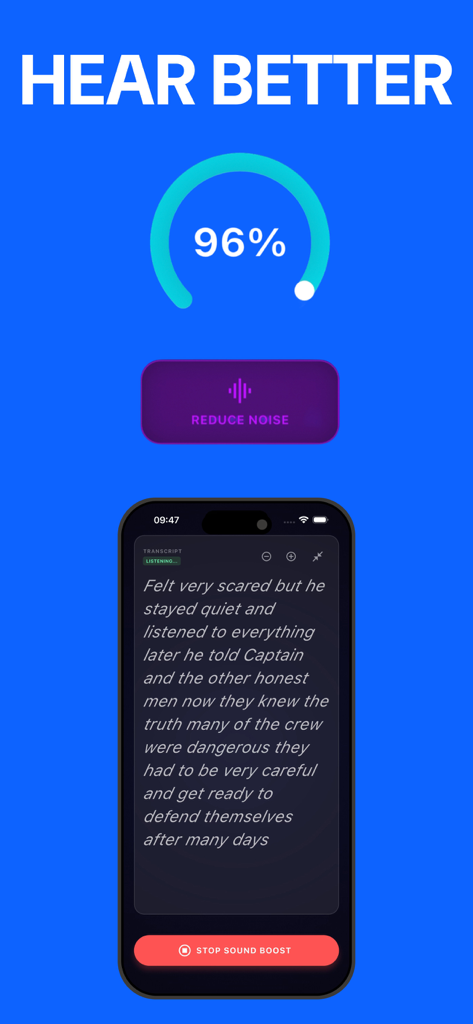 Hearing Aid & Sound Amplifier - Hearing aid app screen showing live speech to text transcription and sound boost controls