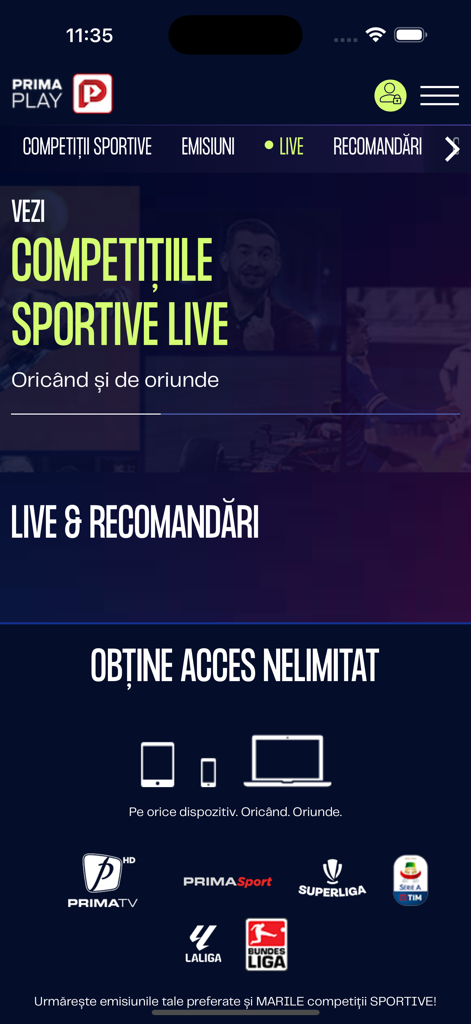 Prima Play - Interface of the Prima Play app showing live sports competitions and streaming options for phone, tablet, and laptop.