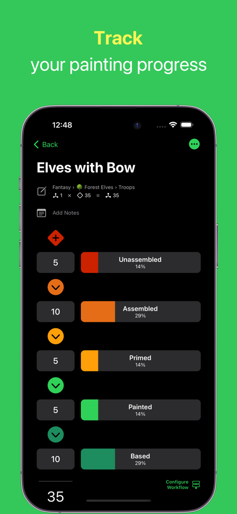 Figure Case - Hobby Progress - Interfaccia dell'app Figure Case che traccia i progressi di assemblaggio e pittura di una collezione di hobby di miniature.