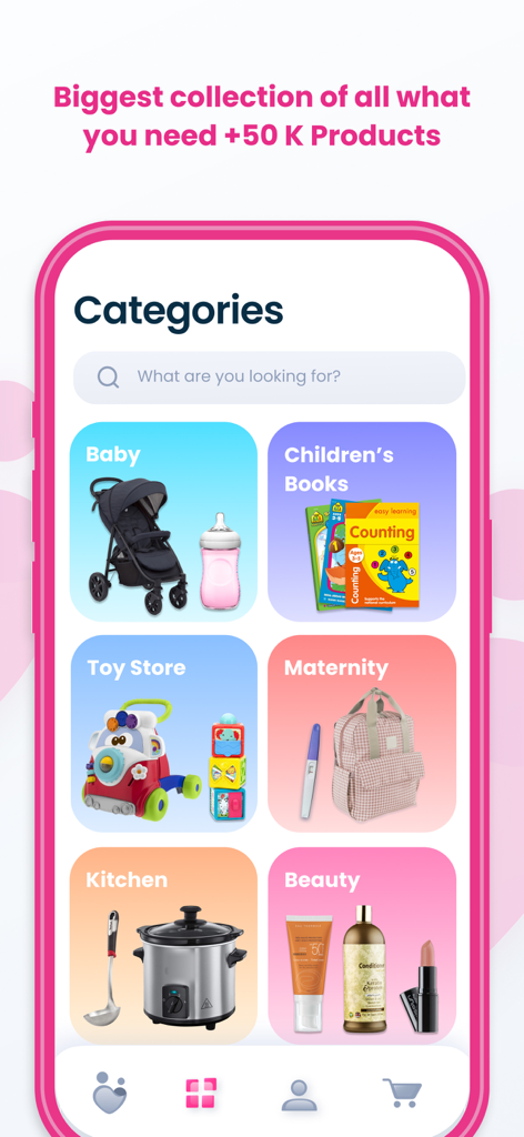 Dumyah - Online Shopping - Interface of Dumyah shopping app showing categories for baby maternity toys and home essentials