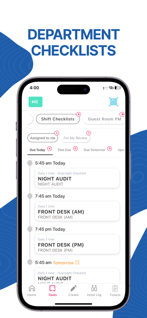 Mobile app interface of Kipsu Exceed FCX showing hotel department checklists and shift task management for night audit and front desk staff