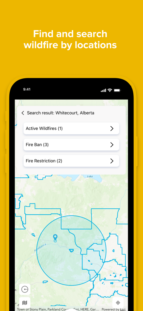 AB Wildfire Status - A search result in the AB Wildfire Status app showing active wildfires and fire bans for Whitecourt, Alberta on an interactive map.
