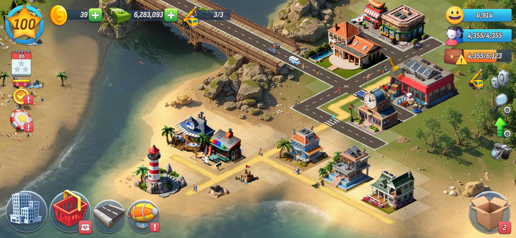 City Island: Deluxe Go Build - A top down view of a thriving island town with a lighthouse and residential buildings on a beach