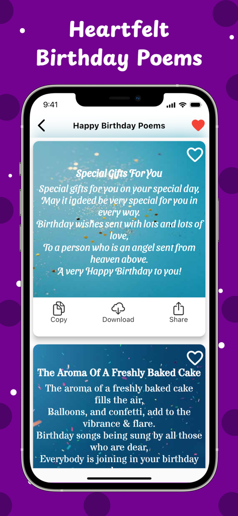 Birthday Wishes, Text Messages - Pantalla de smartphone mostrando poemas de cumpleaños sinceros en la aplicación Deseos de Cumpleaños.