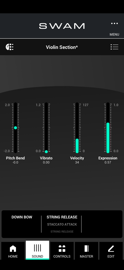 SWAM Violin Section - Interface do aplicativo SWAM Violin Section mostrando controles de som em tempo real para pitch bend, vibrato, velocidade e expressão