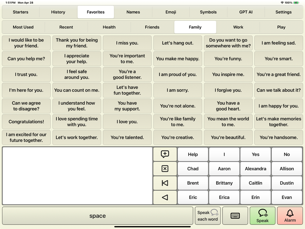 AI Communicator - AI Communicator AAC app interface showing a grid of phrases for family communication on an iPad