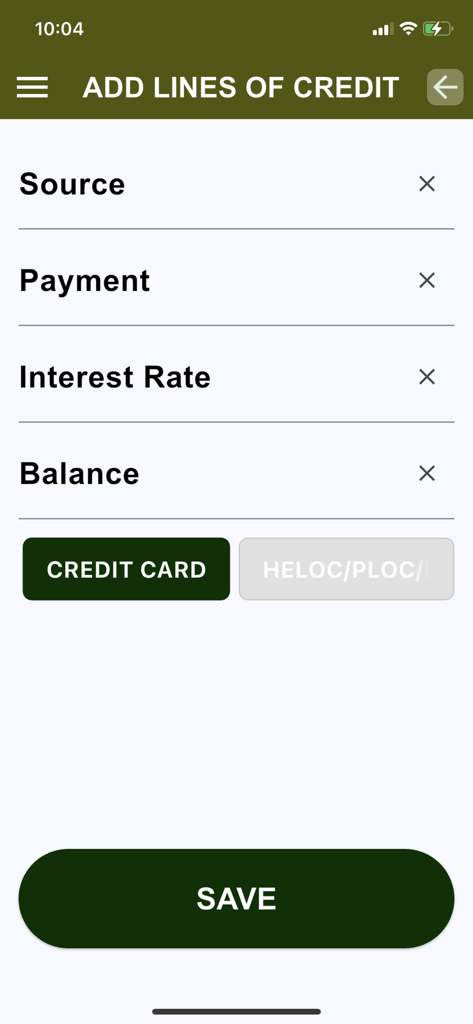 Pay Down Velocity Banking - Pantalla de la aplicación móvil para agregar líneas de crédito con campos para la fuente, pago, tasa de interés y saldo