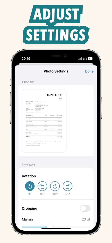 Interface of the PDF converter app showing rotation and cropping settings for an invoice