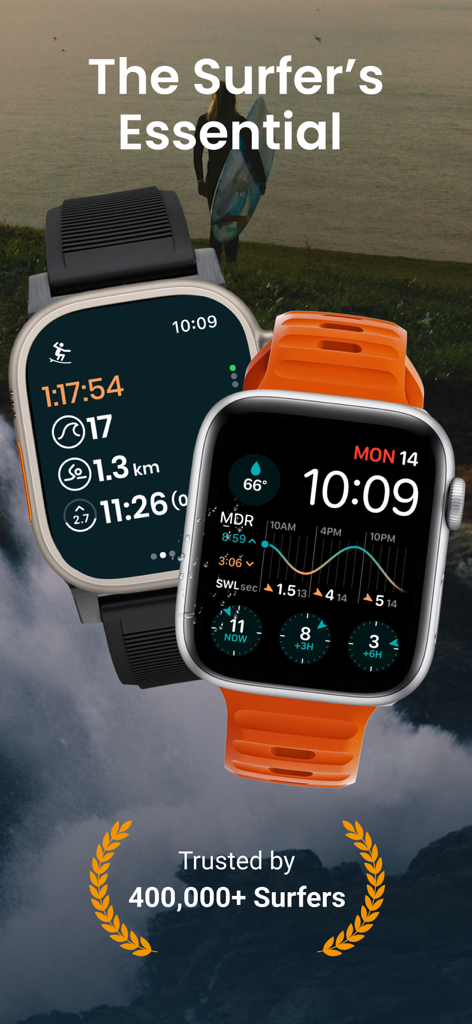 Dawn Patrol Surf, Wave Tracker - Dawn Patrol surf tracking app interface on Apple Watch showing wave stats and tide forecasts