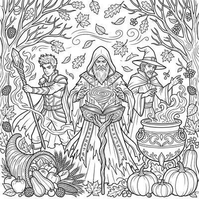 Step into a world where dark magic meets the beauty of fall with this enchanting coloring page. Three powerful wizards are engrossed in their arcane rituals amidst a lavish autumn landscape, ready for your creative touch.