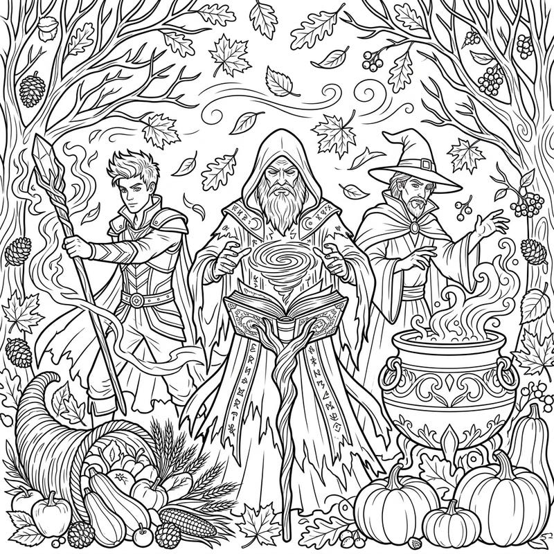 Step into a world where dark magic meets the beauty of fall with this enchanting coloring page. Three powerful wizards are engrossed in their arcane rituals amidst a lavish autumn landscape, ready for your creative touch.
