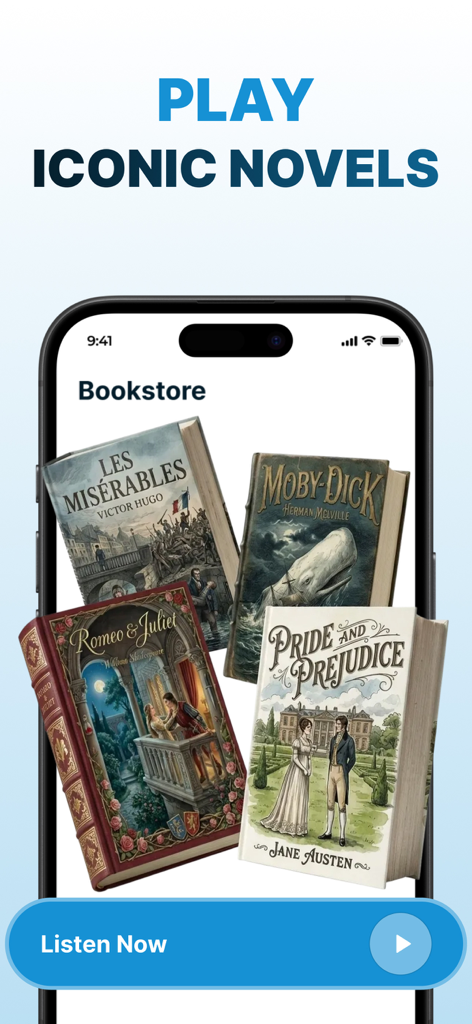 Lisy AI: Text to Speech - iPhone screen showing the Lisy AI app bookstore feature with classic novels like Moby Dick and Pride and Prejudice available for audio listening.