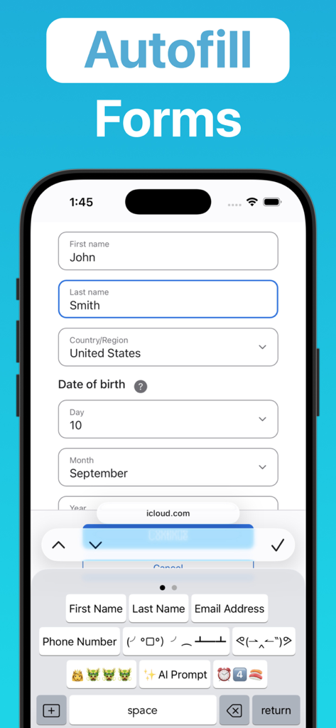 WordBoard app interface showing the custom keyboard autofilling a web form using personal information shortcut keys