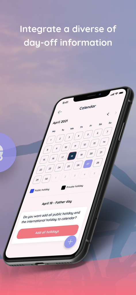 MeLove app interface showing a monthly calendar with integrated public and private holiday tracking