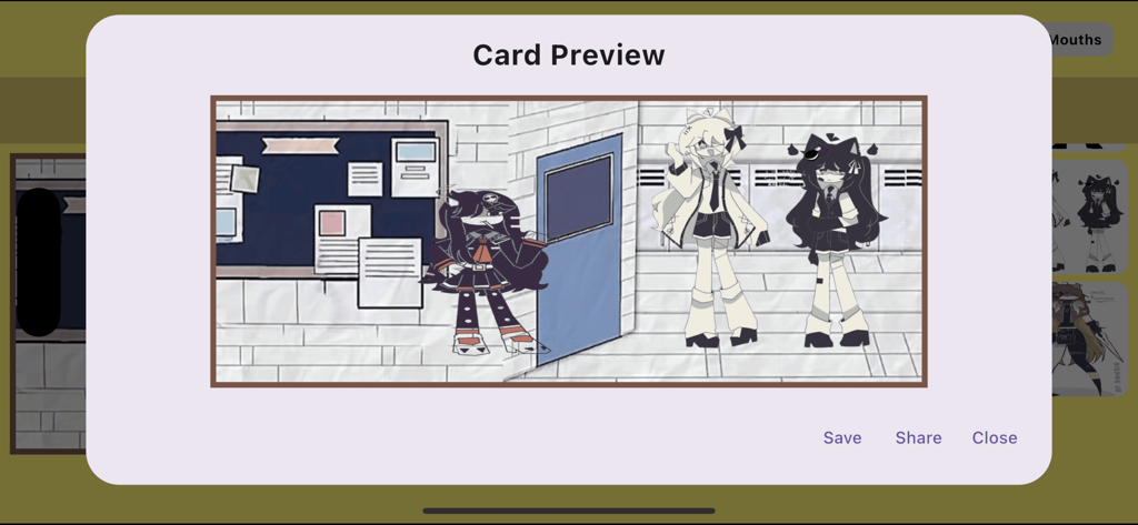FPE OC Maker : Game Avatar - Card preview showing custom avatars in a school hallway using the FPE OC Maker app