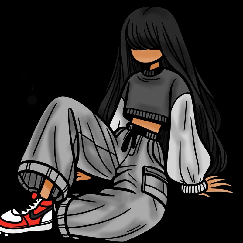 a girl with baggy pants and a crop top with long hair