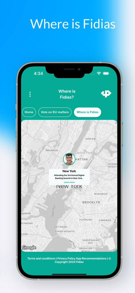 Fidias App - 모바일 앱 스크린샷에는 디지털 뱅킹 서밋에서 Fidias Panayiotou의 실시간 위치를 나타내는 핀이 있는 뉴욕 지도가 표시됩니다.