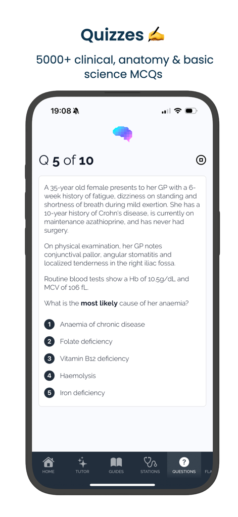 Geeky Medics - OSCE revision - A medical quiz interface in the Geeky Medics app showing a clinical case question about anemia.