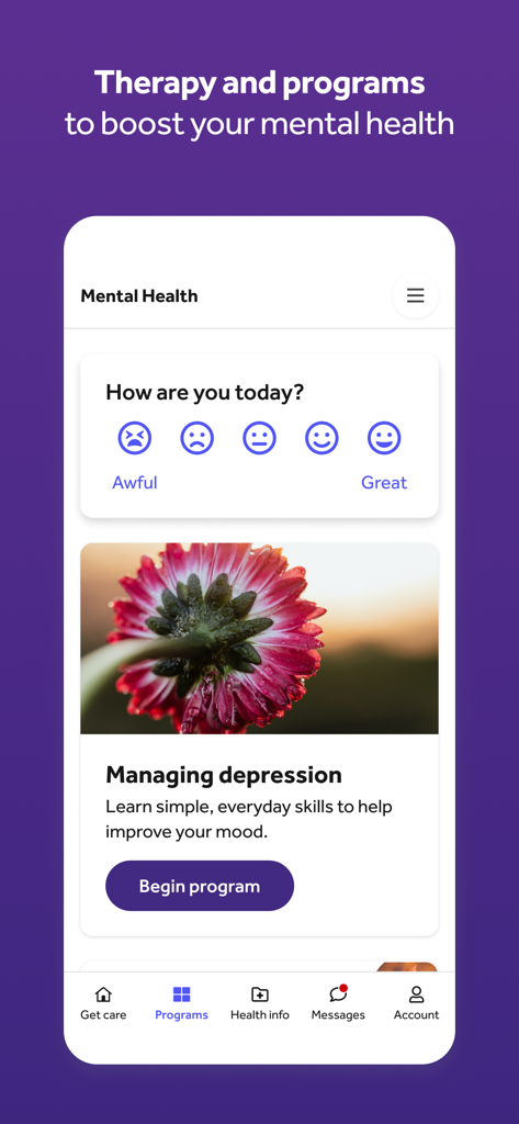 Teladoc Health app interface showing a mental health section with a mood tracker and a depression management program.