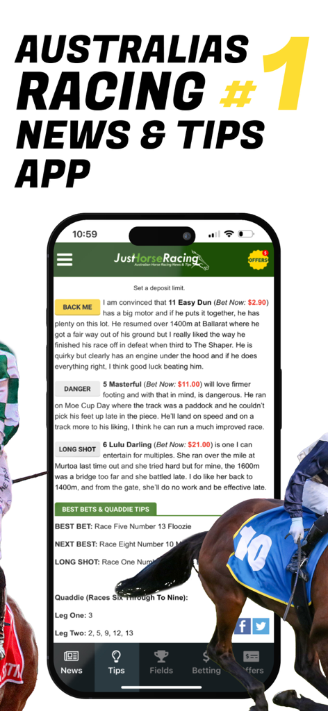 Mobile app interface of Just Horse Racing displaying expert betting tips and racing analysis
