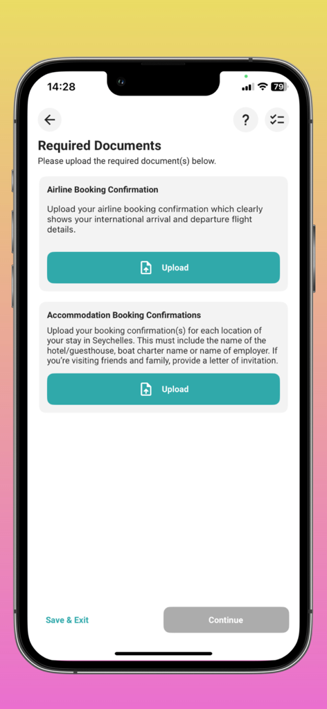 Seychelles E-Border app screen for uploading airline and accommodation booking confirmations.